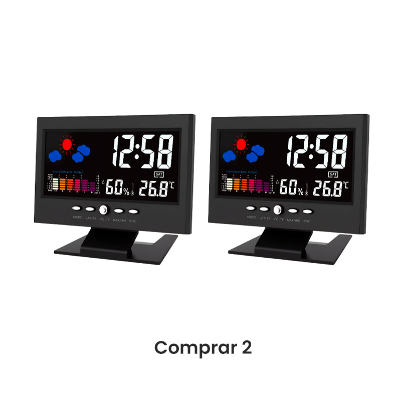 Reloj despertador de mesa LED digital con monitor de temperatura y humedad y pronóstico del tiempo.