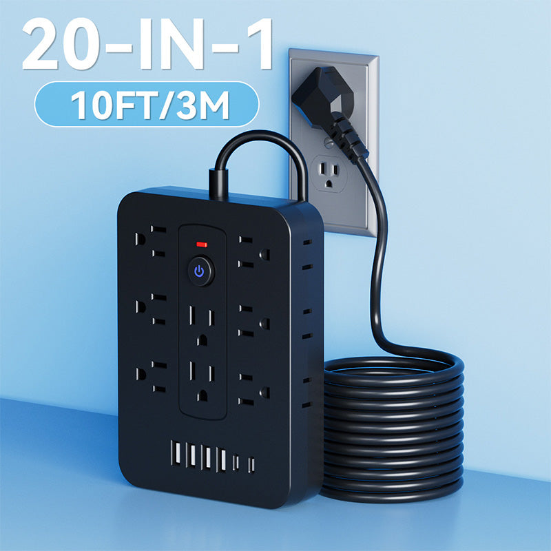 🚀¡Espacio y Seguridad! ⚡ Regleta 20 en 1: 14 CA+4 USB+2 Type-C – ¡Alimenta Todo! 🛡️