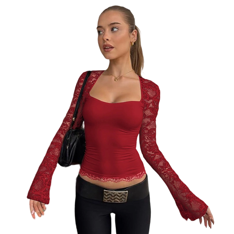Top de Mujer con Cuello Cuadrado y Mangas de Encaje