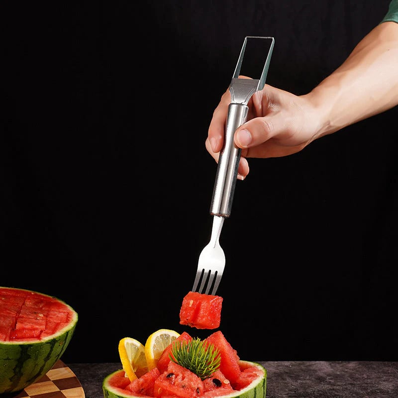 Cortador y Tenedor de Fruta de Acero Inoxidable 2 en 1 – ¡Para Servir Fruta Rápida y Fácilmente!