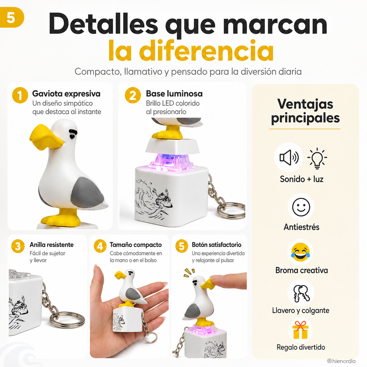 😂 Llavero de gaviota luminosa con sonido: pulsa y ríete, diversión antiestrés para el bolso, las llaves y como regalo 🎁✨