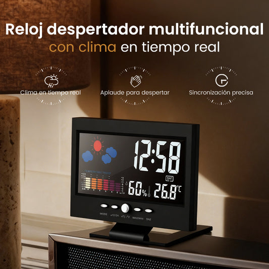 Reloj despertador de mesa LED digital con monitor de temperatura y humedad y pronóstico del tiempo.