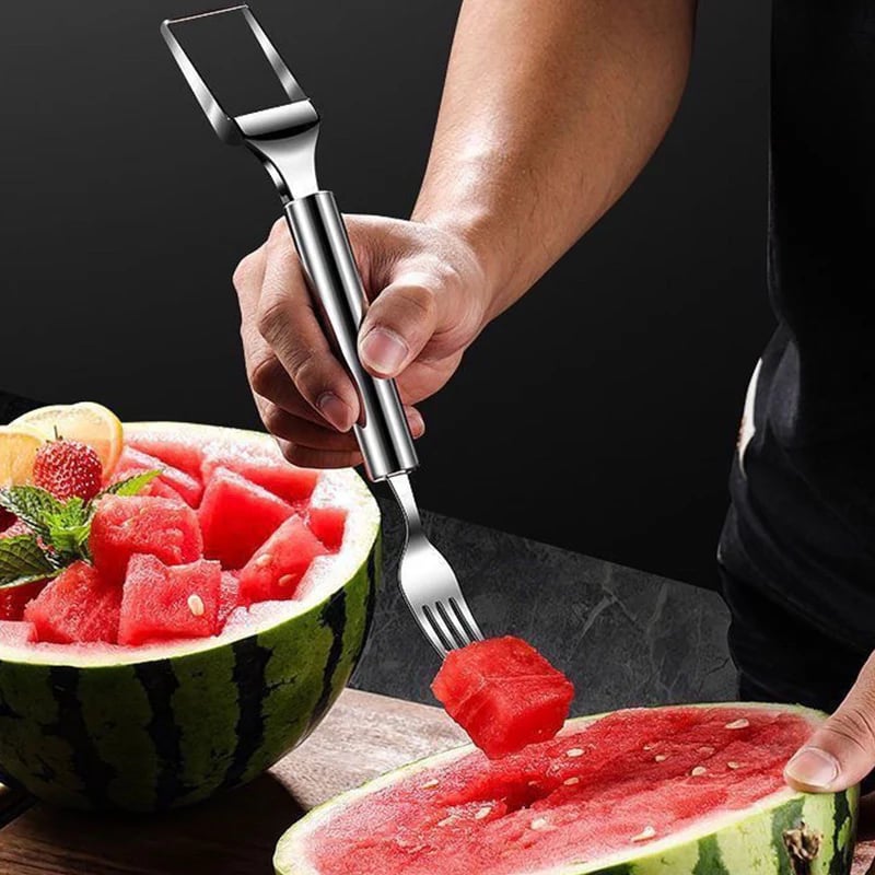 Cortador y Tenedor de Fruta de Acero Inoxidable 2 en 1 – ¡Para Servir Fruta Rápida y Fácilmente!