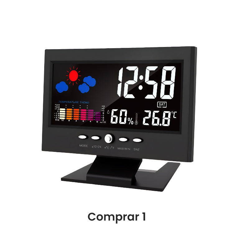 Reloj despertador de mesa LED digital con monitor de temperatura y humedad y pronóstico del tiempo.