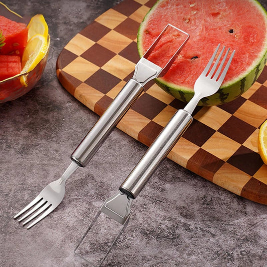 Cortador y Tenedor de Fruta de Acero Inoxidable 2 en 1 – ¡Para Servir Fruta Rápida y Fácilmente!