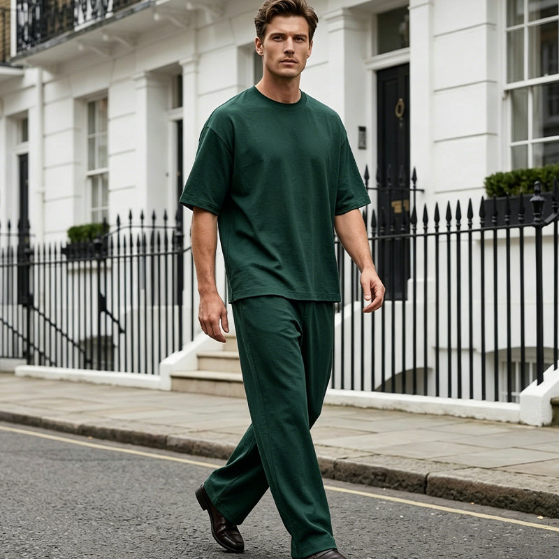 🎁 ¡50 % DE DESCUENTO POR TIEMPO LIMITADO! 👔 Conjunto de 2 piezas para hombre: camiseta y pantalones de pierna ancha – Moderno, cómodo y listo para llevar 💥