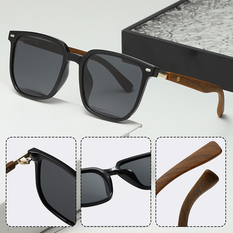 Gafas de sol clásicas con montura cuadrada de madera y lentes polarizadas