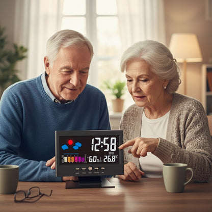 Reloj despertador de mesa LED digital con monitor de temperatura y humedad y pronóstico del tiempo.