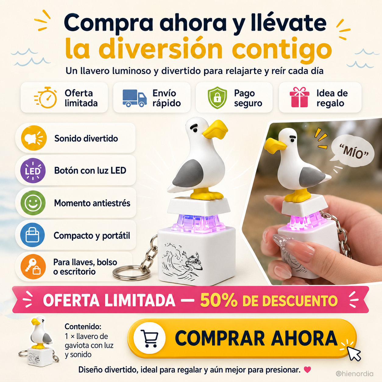 😂 Llavero de gaviota luminosa con sonido: pulsa y ríete, diversión antiestrés para el bolso, las llaves y como regalo 🎁✨
