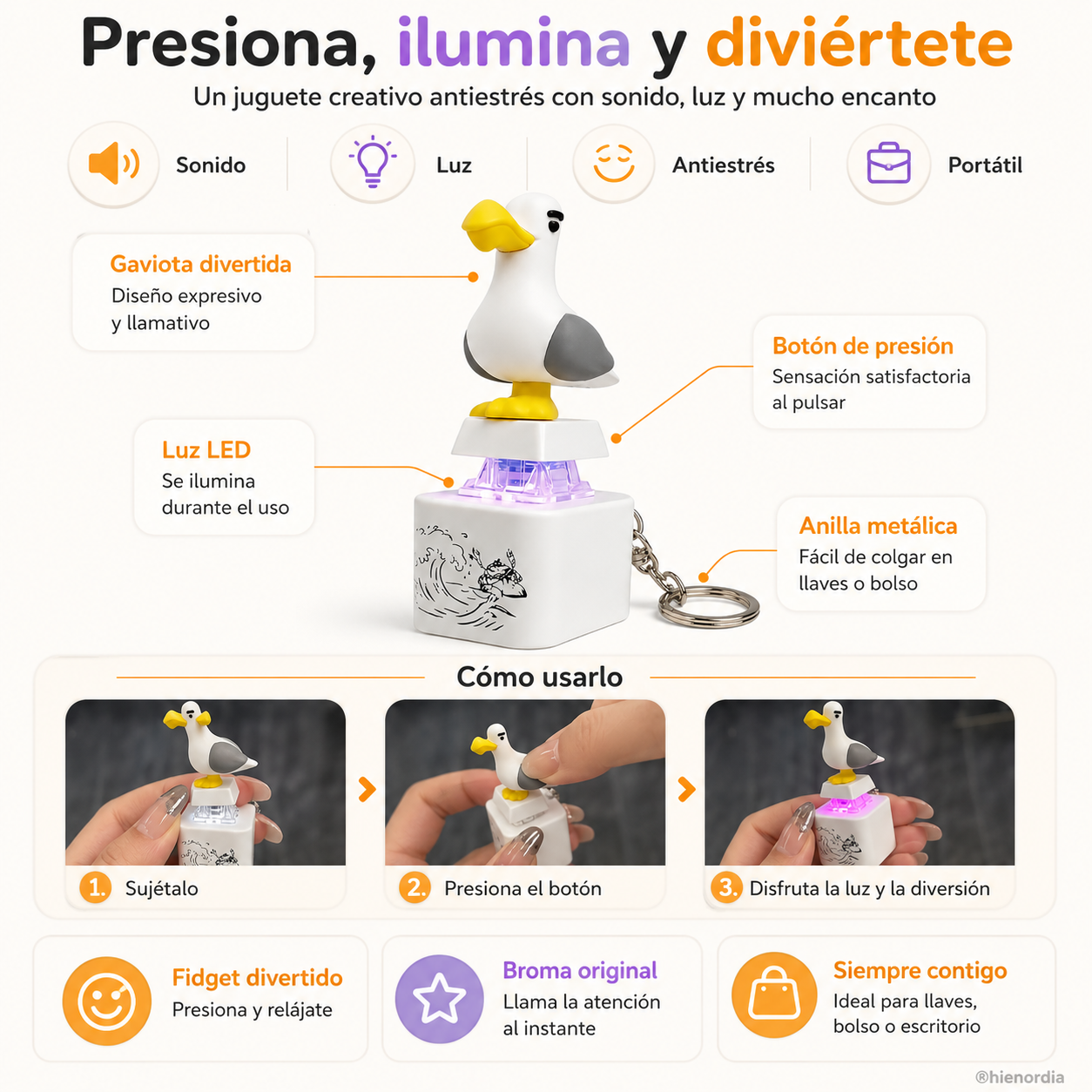 😂 Llavero de gaviota luminosa con sonido: pulsa y ríete, diversión antiestrés para el bolso, las llaves y como regalo 🎁✨