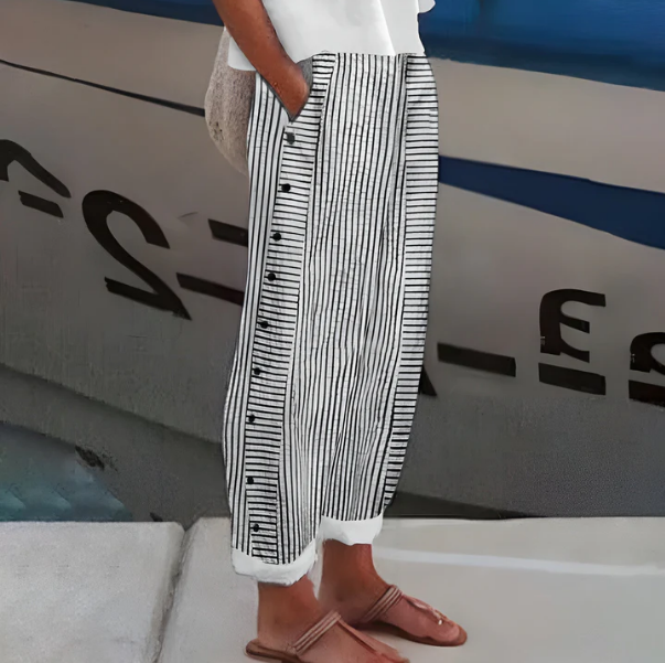 Pantalones Cómodos Azules Rayados con Bolsillos: Transpirables, Elegantes y Perfectos para el Verano
