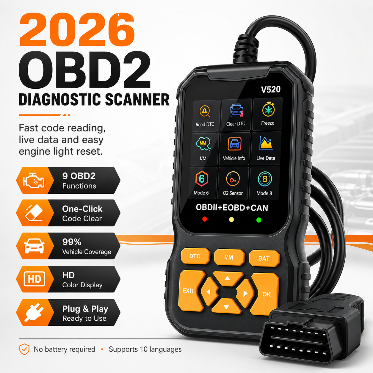 🥳OFERTA ESPECIAL 2026🥳🔧 Escáner OBD2 profesional: lee y borra los códigos de error, los datos en tiempo real y el estado de conformidad I/M. Funciona en coches fabricados a partir de 1996. 🛠️✨