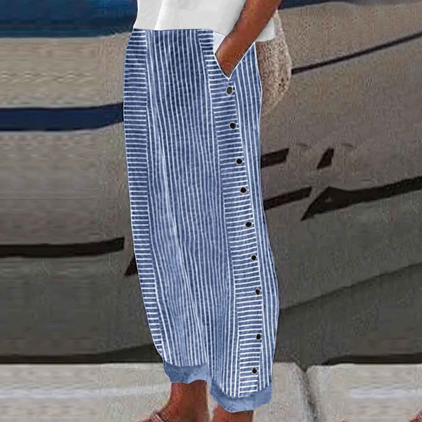 Pantalones Cómodos Azules Rayados con Bolsillos: Transpirables, Elegantes y Perfectos para el Verano