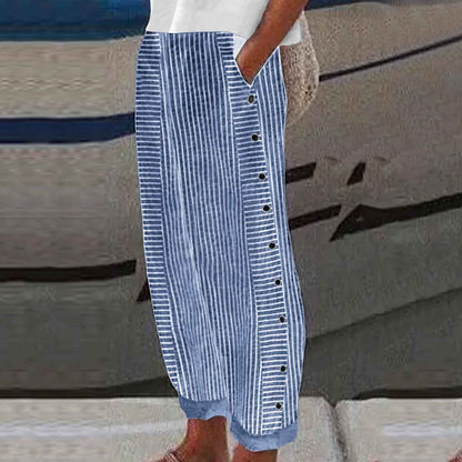 Pantalones Cómodos Azules Rayados con Bolsillos: Transpirables, Elegantes y Perfectos para el Verano