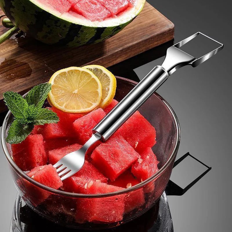 Cortador y Tenedor de Fruta de Acero Inoxidable 2 en 1 – ¡Para Servir Fruta Rápida y Fácilmente!