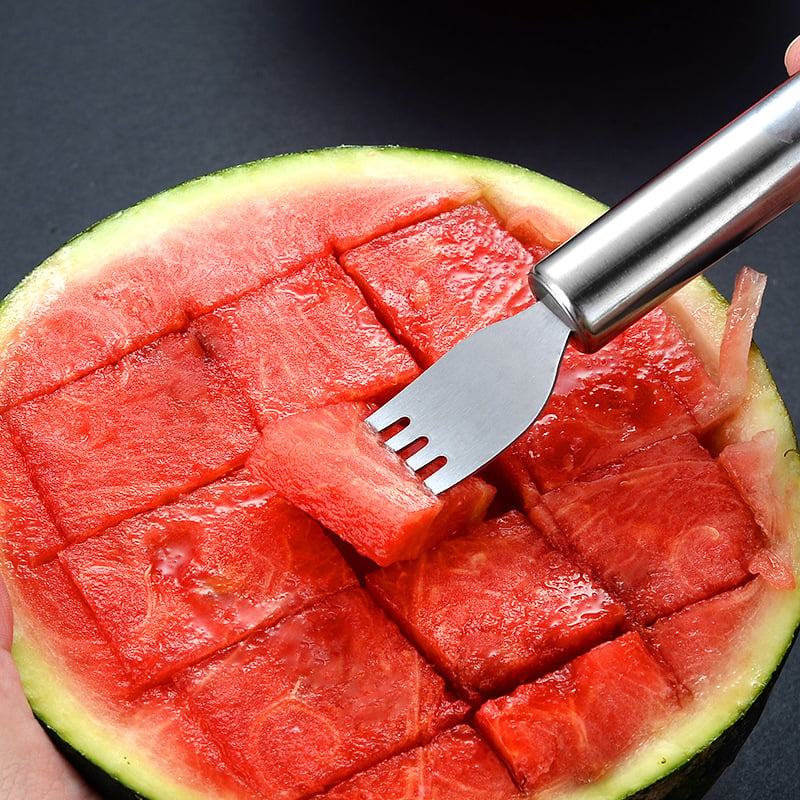 Cortador y Tenedor de Fruta de Acero Inoxidable 2 en 1 – ¡Para Servir Fruta Rápida y Fácilmente!
