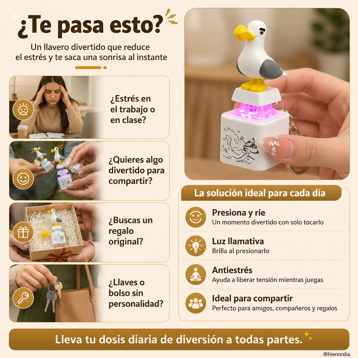 😂 Llavero de gaviota luminosa con sonido: pulsa y ríete, diversión antiestrés para el bolso, las llaves y como regalo 🎁✨