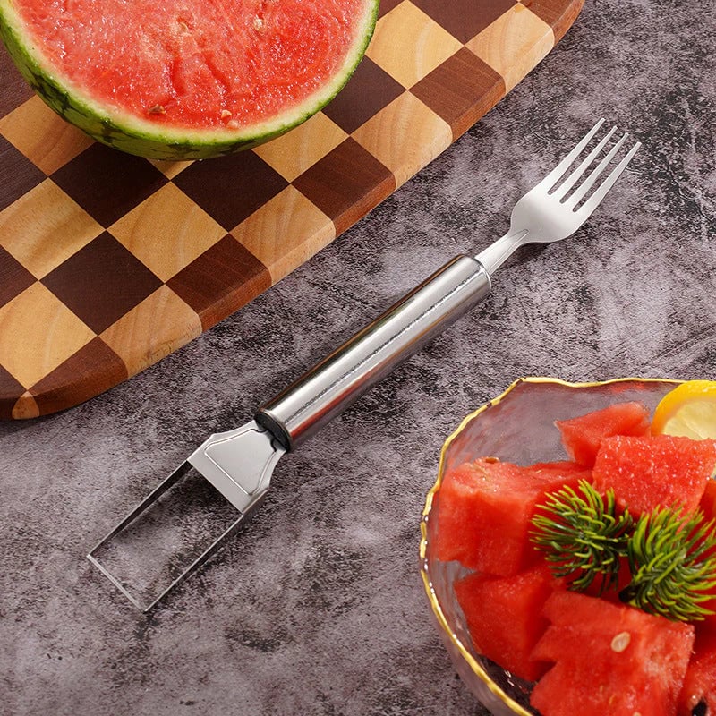 Cortador y Tenedor de Fruta de Acero Inoxidable 2 en 1 – ¡Para Servir Fruta Rápida y Fácilmente!