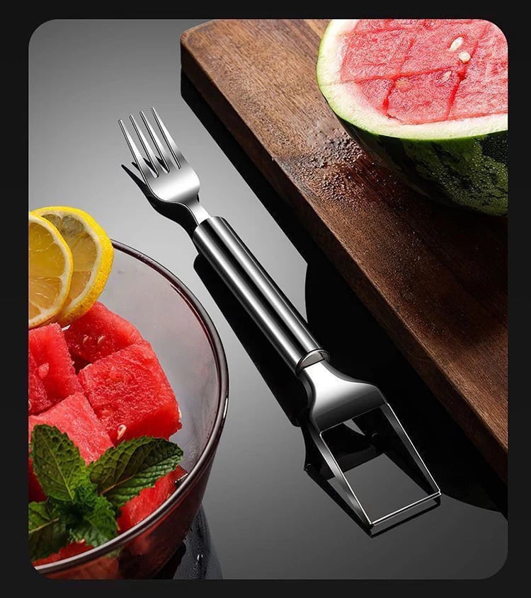Cortador y Tenedor de Fruta de Acero Inoxidable 2 en 1 – ¡Para Servir Fruta Rápida y Fácilmente!