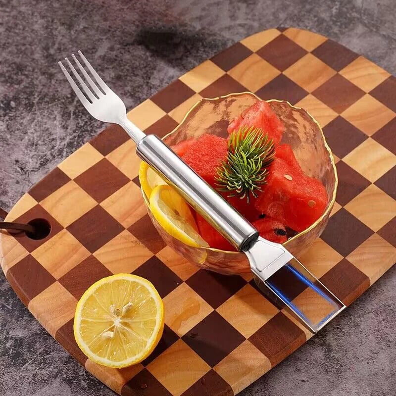 Cortador y Tenedor de Fruta de Acero Inoxidable 2 en 1 – ¡Para Servir Fruta Rápida y Fácilmente!