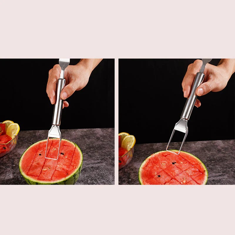 Cortador y Tenedor de Fruta de Acero Inoxidable 2 en 1 – ¡Para Servir Fruta Rápida y Fácilmente!