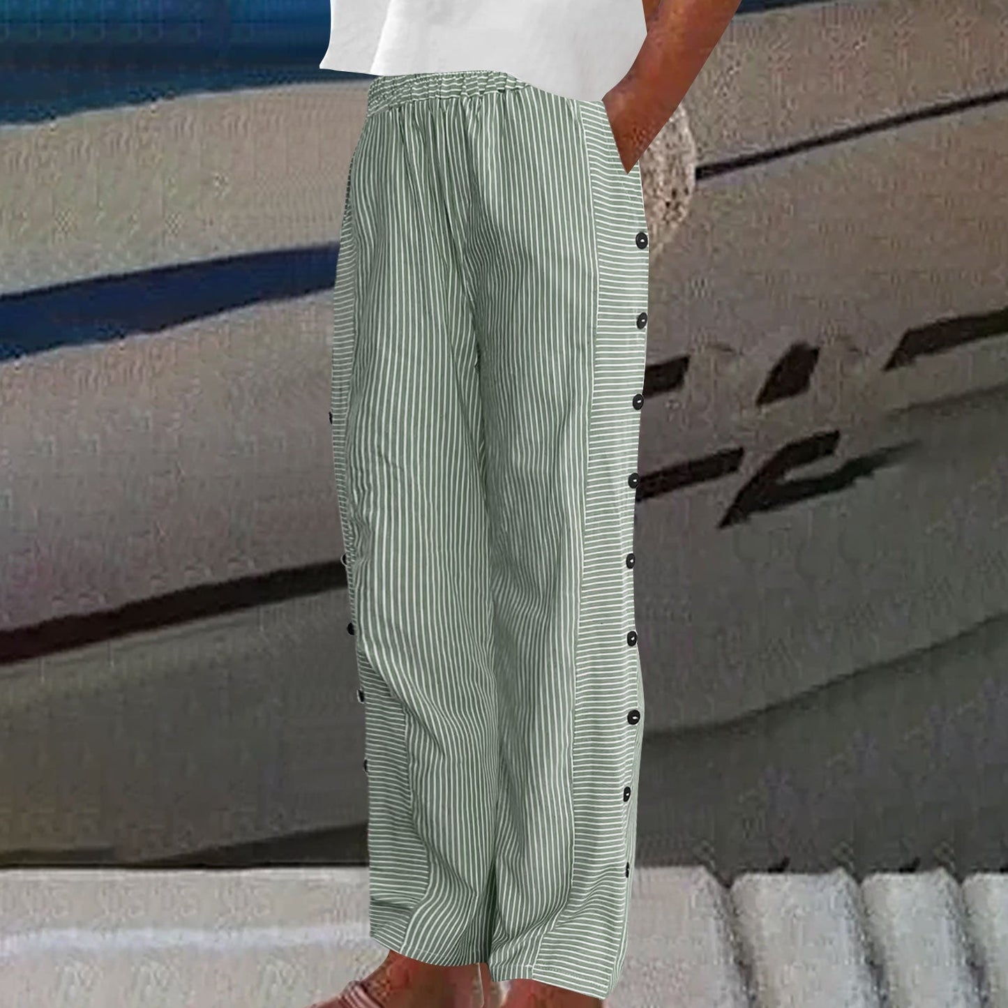 Pantalones Cómodos Azules Rayados con Bolsillos: Transpirables, Elegantes y Perfectos para el Verano