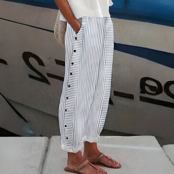 Pantalones Cómodos Azules Rayados con Bolsillos: Transpirables, Elegantes y Perfectos para el Verano