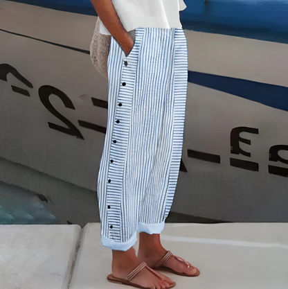 Pantalones Cómodos Azules Rayados con Bolsillos: Transpirables, Elegantes y Perfectos para el Verano