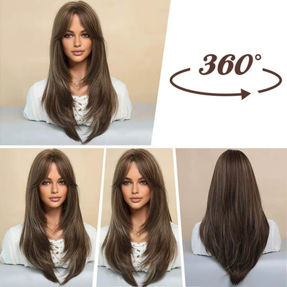 🎅 Peinados navideños esenciales 🥳 Pelucas de cabello largo con capas y flequillo