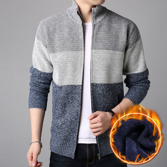 Men's Warm Color Block Full Zipper Turtleneck Sweater