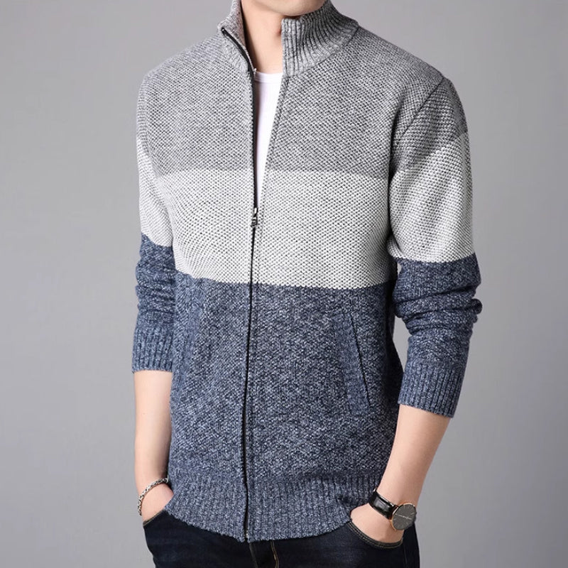 Men's Warm Color Block Full Zipper Turtleneck Sweater