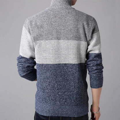 Men's Warm Color Block Full Zipper Turtleneck Sweater