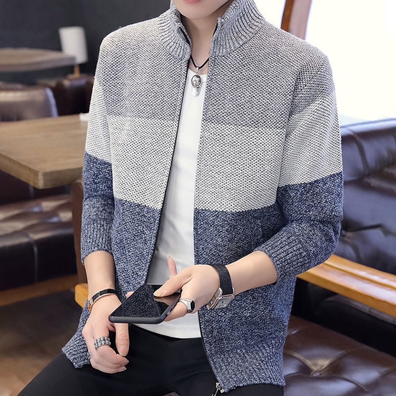 Men's Warm Color Block Full Zipper Turtleneck Sweater