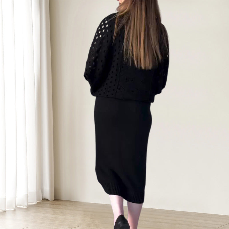 Conjunto de vestido sin mangas y blusa de manga larga calada de punto