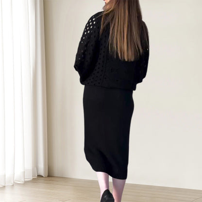 Conjunto de vestido sin mangas y blusa de manga larga calada de punto