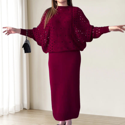 Conjunto de vestido sin mangas y blusa de manga larga calada de punto