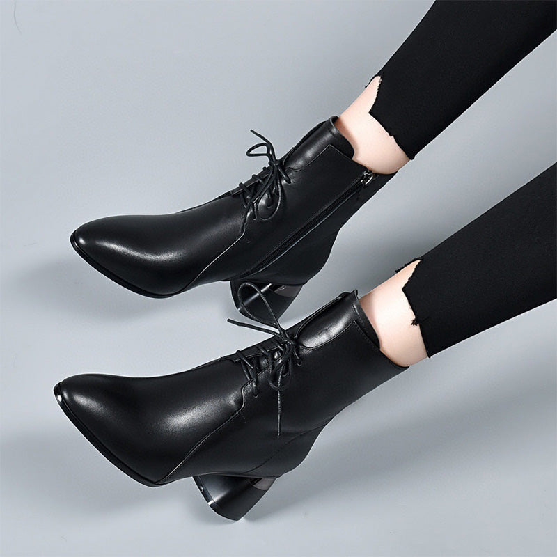 Botines de cuero PU con punta afilada y tacón grueso