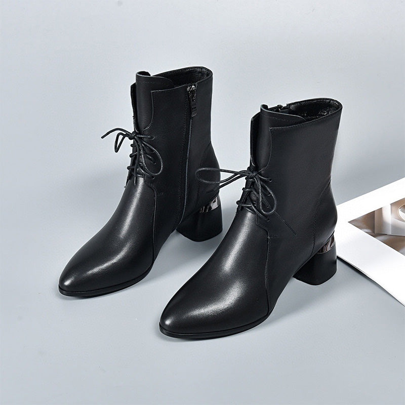 Botines de cuero PU con punta afilada y tacón grueso