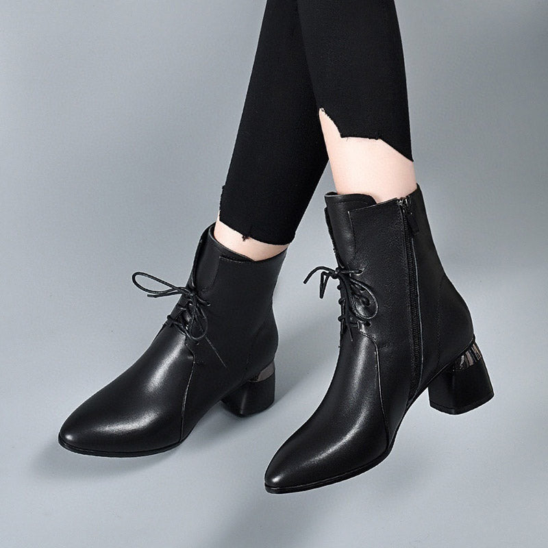 Botines de cuero PU con punta afilada y tacón grueso