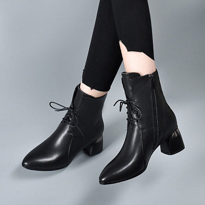 Botines de cuero PU con punta afilada y tacón grueso
