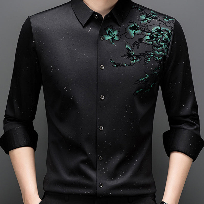 Elegante camisa estampada de manga larga con forro de felpa para hombre