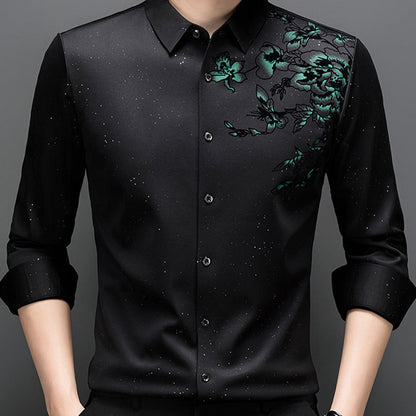 Elegante camisa estampada de manga larga con forro de felpa para hombre