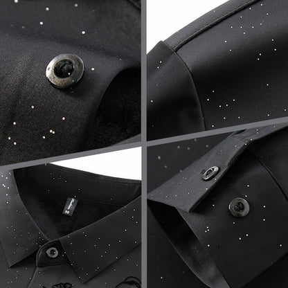 Elegante camisa estampada de manga larga con forro de felpa para hombre