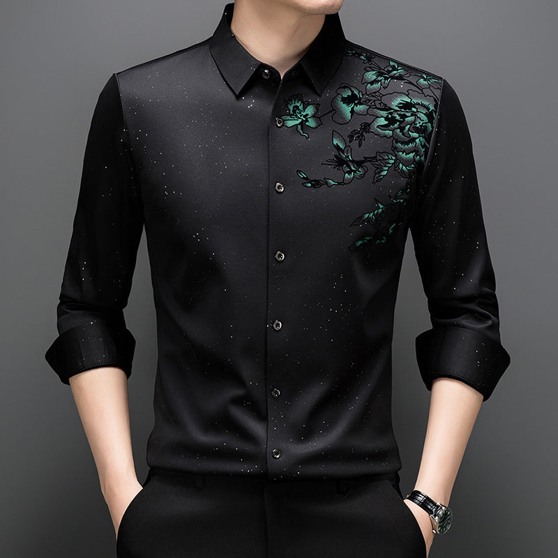 Elegante camisa estampada de manga larga con forro de felpa para hombre