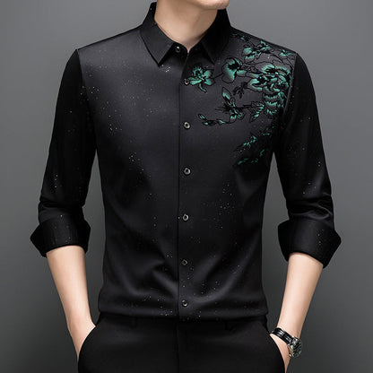 Elegante camisa estampada de manga larga con forro de felpa para hombre