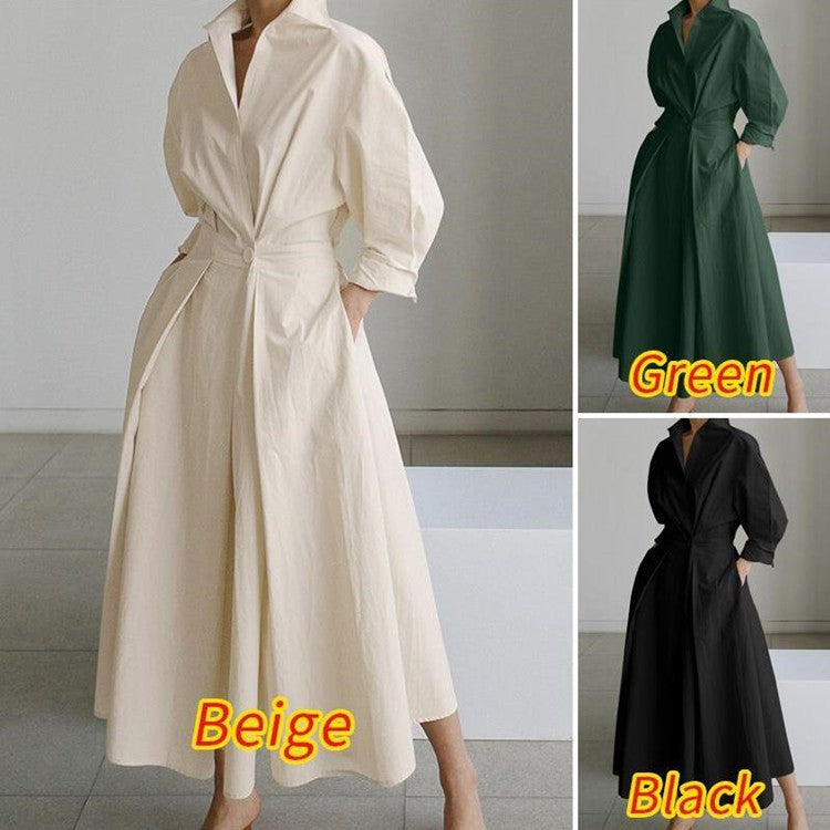 Women's Plain Cotton Lapel Shirt Wrap Dress-Envío gratuito por tiempo limitado