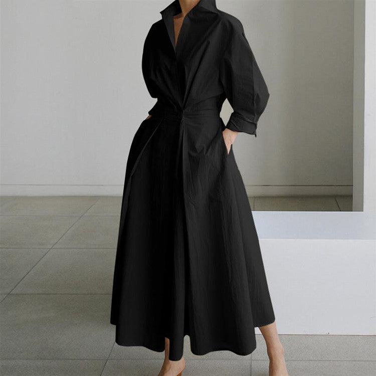Women's Plain Cotton Lapel Shirt Wrap Dress-Envío gratuito por tiempo limitado