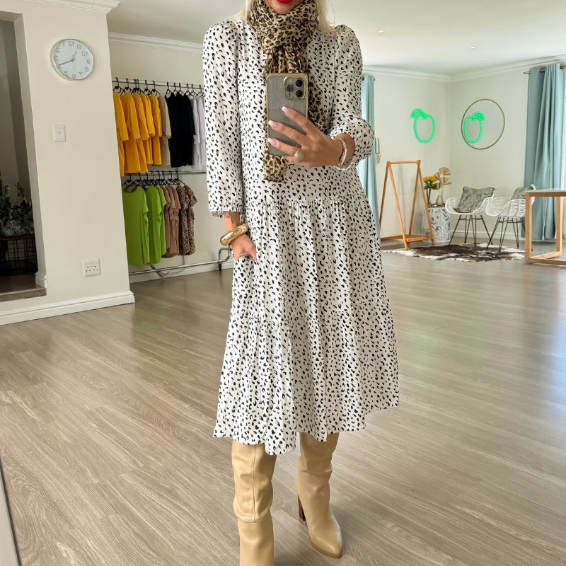 ⏳ ¡Por tiempo limitado 50% de descuento! 💥Vestido casual blanco con estampado de leopardo y bolsillos（Cuanto más compres, mayor será el descuento）