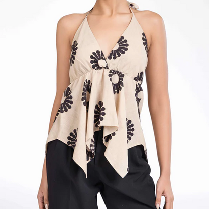 ⏳ ¡50% de descuento por tiempo limitado! 💥Halter V-Neck Floral Irregular Hem Top（Cuanto más compres, mayor será el descuento）