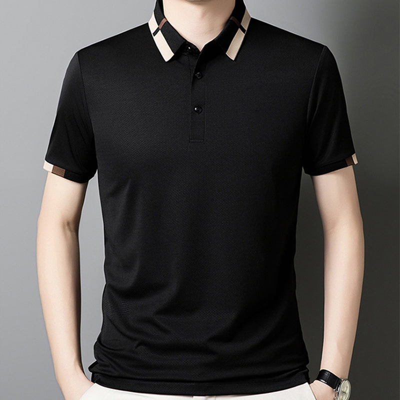 Camisa para Hombre en Tejido Seda Helada Elástica de Manga Corta con Solapas